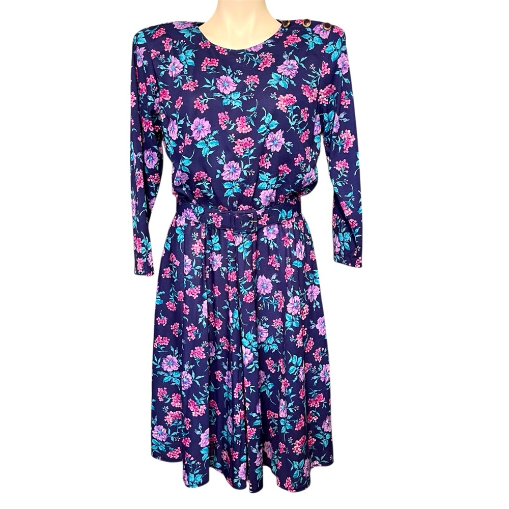 80s Vintage Stuart Alan Long Sleeve Floral Midi Dress w Belt